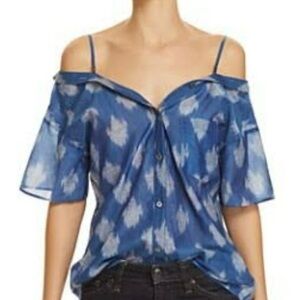 Theory Tamalee Blue Ikat Cotton Silk Loose Off Shoulder Button Top Sz Small
